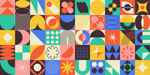 Retro brutalist background with bold geometric shapes and abstract graphic elements. Modern bauhaus style banner with basic figures, lines and circles, contemporary style vector illustration