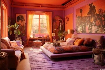 Stunning vibrant room in warm orange and soft lilac hues, featuring creative decor ideas. Generative AI