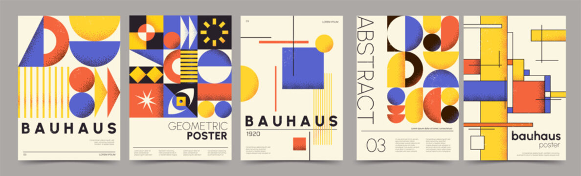 Retro bauhaus style posters with geometric elements and abstract shapes. Minimalist poster with swiss pattern, forms and lines, basic figures, modern cover or print design vector set