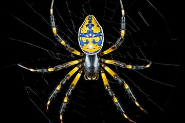 Spider with yellow and black web on back legs, yellow and white web on back end. Black background with blue and white lines. Generative AI