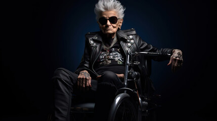 Fototapeta na wymiar Hip, old lady, punk rocker in a wheelchair