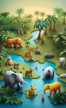 Animals world map for kids wallpaper design. A drawn map of the world in Russian. Design for a children's room. Jungle photo wallpaper. Children's wall, Generative AI 
