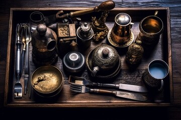 Assortment of vintage tea tools arranged on a rustic tray. Generative AI