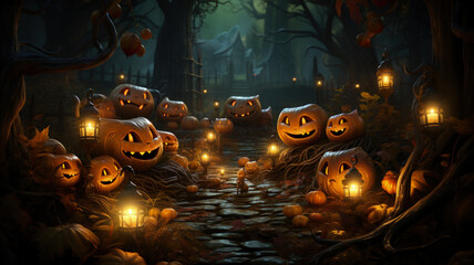 Spooky Halloween Night with Field of Unique Jack-o'-Lanterns, Moonlight Casting Eerie Shadows, Whimsical and Mysterious Atmosphere, AI-Generated
