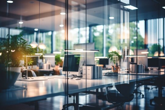 Business office without people with blurred bokeh background, with glass partitions. Generative AI.