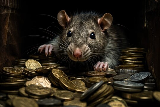 Rat steals money and coin. Generative AI.