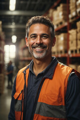 Fototapeta premium Vertical portrait of smiling happy worker or manager working in a warehouse