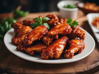 Close up view of delicious hot chicken wings with sauce