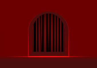 Red curtain inside arch door vector illustration.