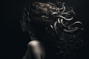 Culture and religious, fine art and make-up concept. Abstract Medusa woman portrait with snakes hair hiding in shadows. Mythical creature portrait. Dark mysterious mood. Generative AI