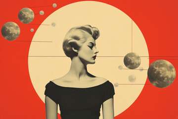 Fine art, pop art concept. Minimalist and surreal retro art collage with woman portrait. Grunge effect style. Geometric shapes and tiny ornate details in background. Generative AI
