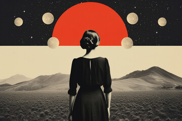 Fine art, pop art concept. Minimalist and surreal retro art collage with woman portrait. Grunge effect style. Geometric shapes and tiny ornate details in background. Generative AI