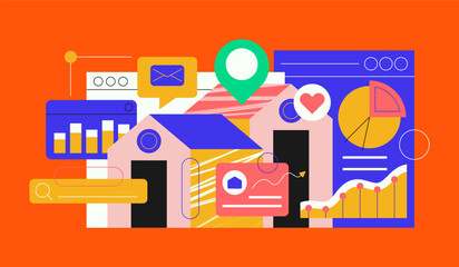 Colorful Illustration of House with Speech Bubbles, Charts, and Graphs Representing Data and Communication