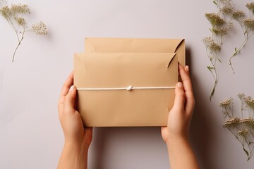 person holding a cardboard envelope, envelope mock up - obrazy, fototapety, plakaty