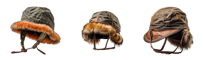 Set of 3 trapper hat isolated on transparent background.