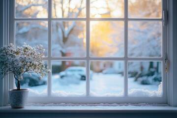 White windows with Winter view. Generative AI