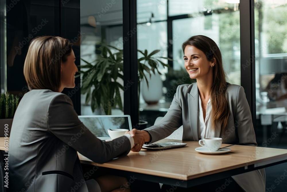 Wall mural a happy businesswoman shaking hands with an employee at the table. bank or insurance agent, lawyer making contract deal with client at work.  generative AI 