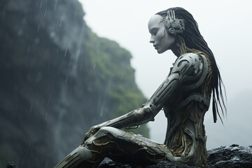 Sci-fi, fantasy, states of mind, nature concept. Half woman half robot meditating on rock during rain. Generative AI