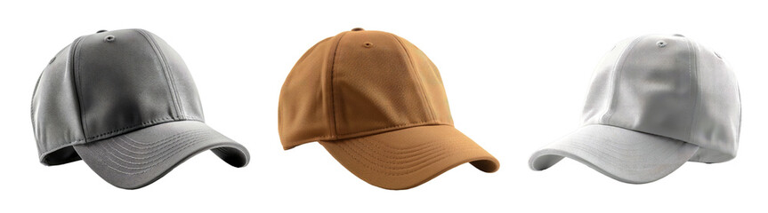  Set of blank baseball cap with 3 colors isolated on a transparent background.