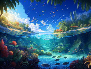 Underwater View Of A Tropical Island With Fish And Plants