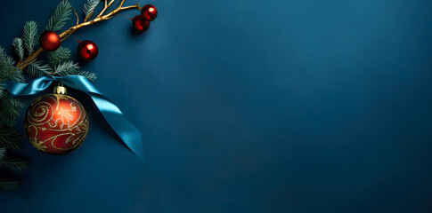 Red and Dark blue Christmas decoration balls on dark background. Merry christmas and happy new year greeting card with copy space for text.