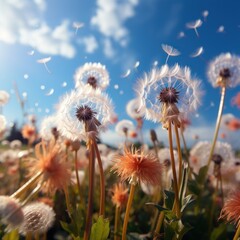 Dandelion flowers in spring flying in the wind, blurry natural background, great for wallpaper, blogs, websites, nature, inspiration, etc. Generative Ai Image