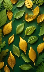 Leaves background. 3d mural floral wallpaper. golden and green f leaves, Generative AI 