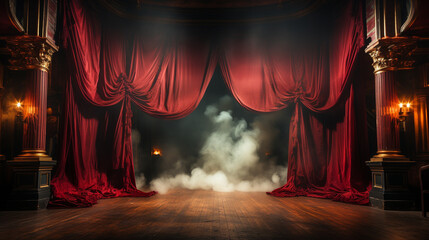 Theatre Stage with Red Velvet Curtains On Fire. Generative AI. - obrazy, fototapety, plakaty