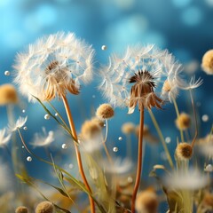 Dandelion flowers in spring flying in the wind, blurry natural background, great for wallpaper, blogs, websites, nature, inspiration, etc. Generative Ai Image