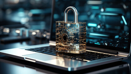 Digital padlock in front of a laptop computer as a cyber security and data protection concept,