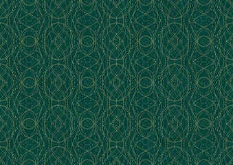 Hand-drawn unique abstract symmetrical seamless gold ornament on a dark cold green background. Paper texture. Digital artwork, A4. (pattern: p10-2c)