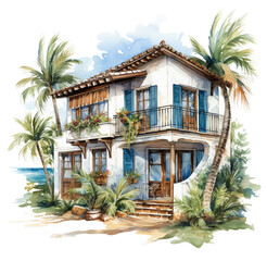 Fototapeta na wymiar Watercolor illustration of a tropical house. Generative AI, png