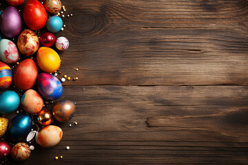 Obraz premium Easter eggs in nest on wooden background. Top view with copy space