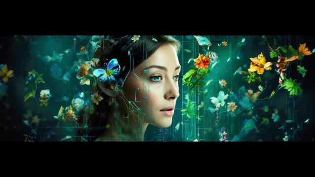 Eine Verbindung zwischen Mensch neue Technologie, K&uuml;nstliche Intelligenz und Natur. Generiert mit KI
