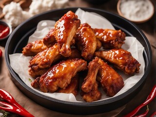 Hot and spicy chicken wings round in a tray with fireproof paper