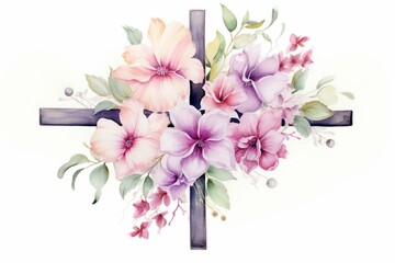 Beautiful Easter cross in watercolor with floral illustrations. Generative AI