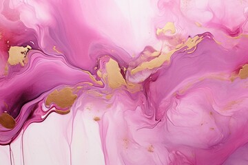 Beautiful abstract art with pink, magenta, marble swirls, agate ripples, and gold powder. Generative AI