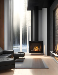 Modern interior with fireplace in house near forest, 3d render - obrazy, fototapety, plakaty