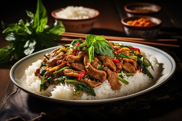 Stir-fried pork with basil and steamed rice. Generative AI