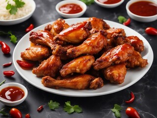 Deliciously looking hot and spicy chicken wings in a plate at restaurant