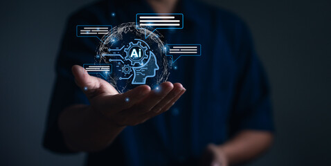 concept of Chat Bot or AI Chat and futuristic technology transformation, users show display artificial intelligence robot technology on their hands to create command prompts for building something