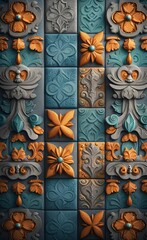 Grunge concrete wall with ornaments and prints. Digital tiles design. 3D render Colorful ceramic wall tiles decoration. Abstract damask patchwork, Generative AI 