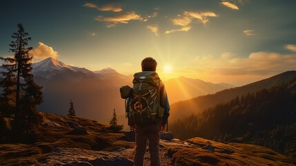 Learning Adventure Skills: Boy Scout Silhouette, Mountain Adventure and Friendship Success, Sunset Background. - obrazy, fototapety, plakaty