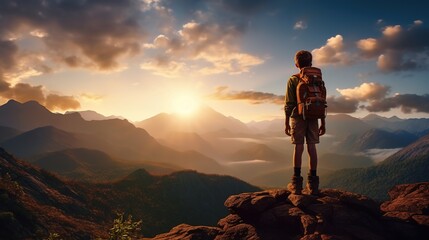 Learning Adventure Skills: Boy Scout Silhouette, Mountain Adventure and Friendship Success, Sunset Background. - obrazy, fototapety, plakaty