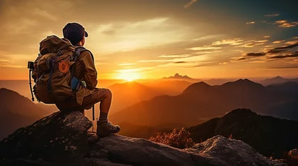 Foto op Canvas Learning Adventure Skills: Boy Scout Silhouette, Mountain Adventure and Friendship Success, Sunset Background. © Phoophinyo