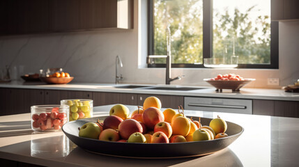 Fresh fruits bowl in a sunlit modern kitchen, vibrant and inviting