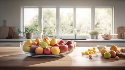 Fresh fruits bowl in a sunlit modern kitchen, vibrant and inviting