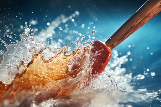 Image of a kayak paddle hitting water, creating a splash, representing the intensity of water sports. Generative AI