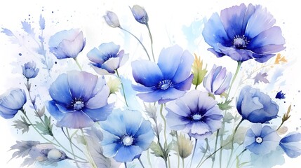 Watercolor delicate blue and dark blue wildflowers on a white background. Holiday card with flowers.