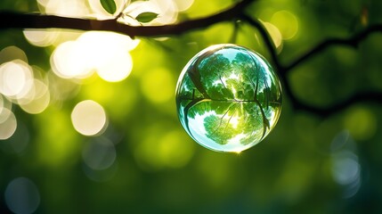 glass ball bubble with a reflection of the world symbolizing the environmental crisis. - obrazy, fototapety, plakaty